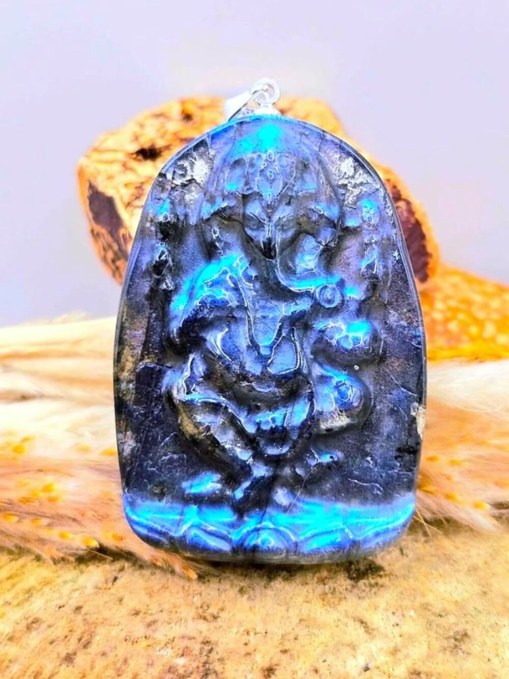Abstract Labradorite Ganesha Lotus Pendant • Strong Flash Crystal Necklace